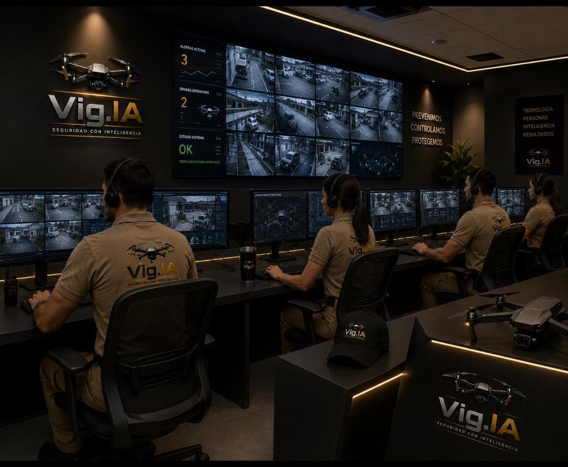 Centro de monitoreo de Vig.IA — operadores, video wall y drones